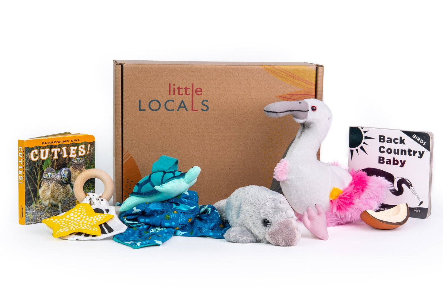 Collection of baby toys and books with 'little LOCALS' box on a white background