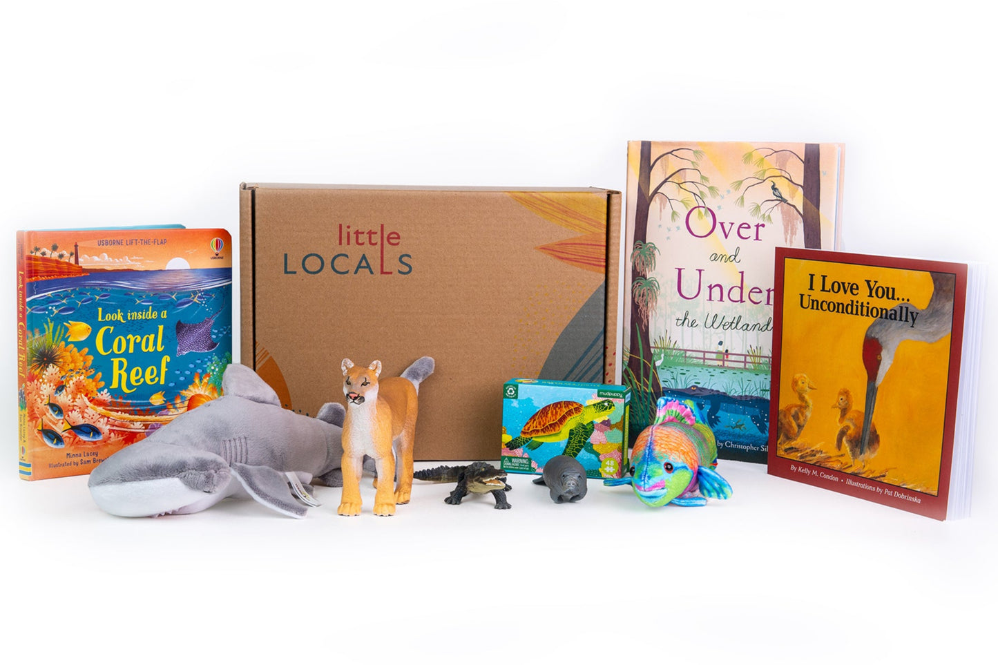 Educational toys and books with a 'little LOCALS' box on a white background